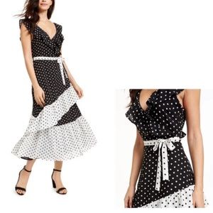 Q & A Dot-Print Faux-Wrap Maxi Dress in Black/White - NWT